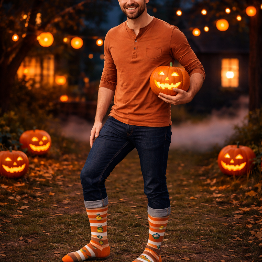 Man holding a carved pumpkin in a Halloween-themed setting with lights and more pumpkins.