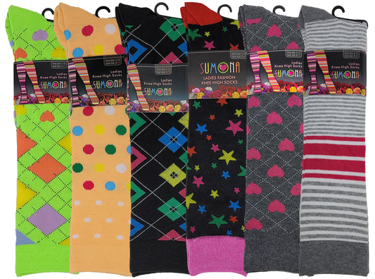 Knee High Socks | Assorted Classic Design | Womens (6 Pairs)