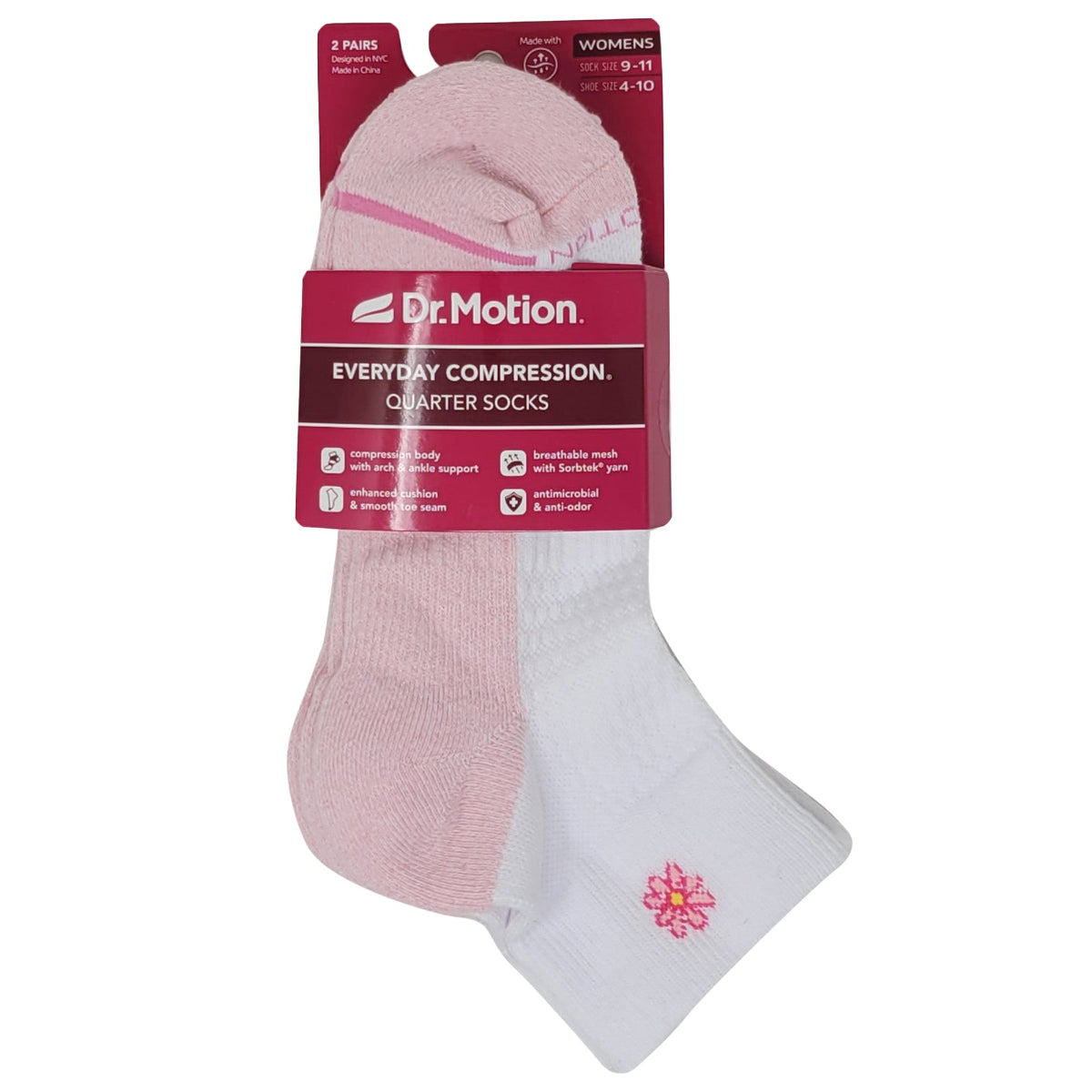 Two pairs of pink and white compression socks on a white background with Dr. Motion packaging.