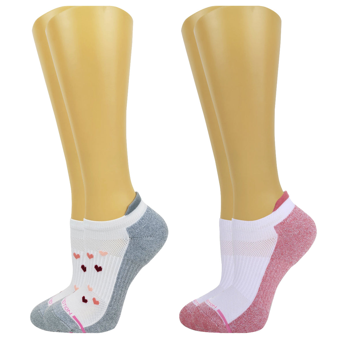Two pairs of Ankle Compression socks, one gray with heart patterns and one white with pink accents, on yellow mannequin legs.
