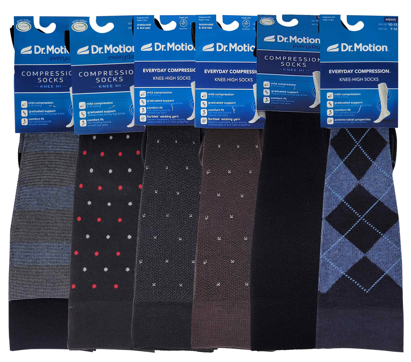 Knee-High Compression Socks | Assorted Design | Dr Motion Men's (6 Pairs)