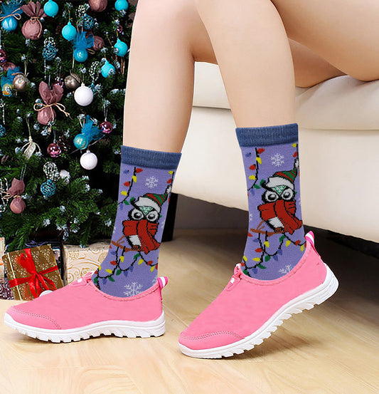 Women relaxing at home wearing festive Christmas crew socks during the holidays