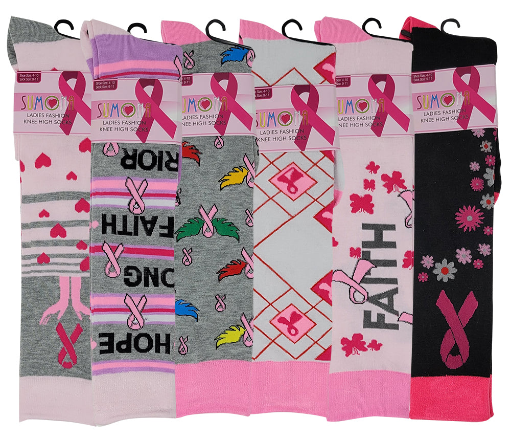 Women 6 pairs Breast Cancer Awareness Knee High Socks
