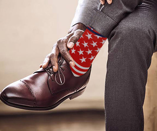 Men wearing patriotic dress socks at the office