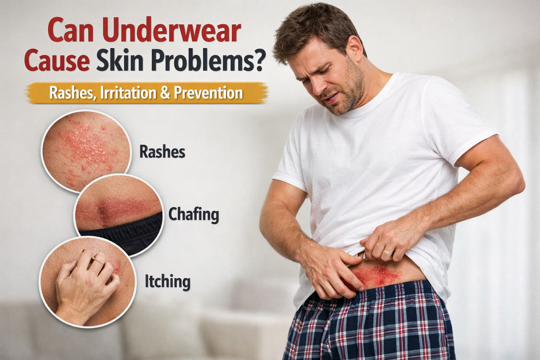 man with skin rash from underwear irritation showing chafing and itching problem