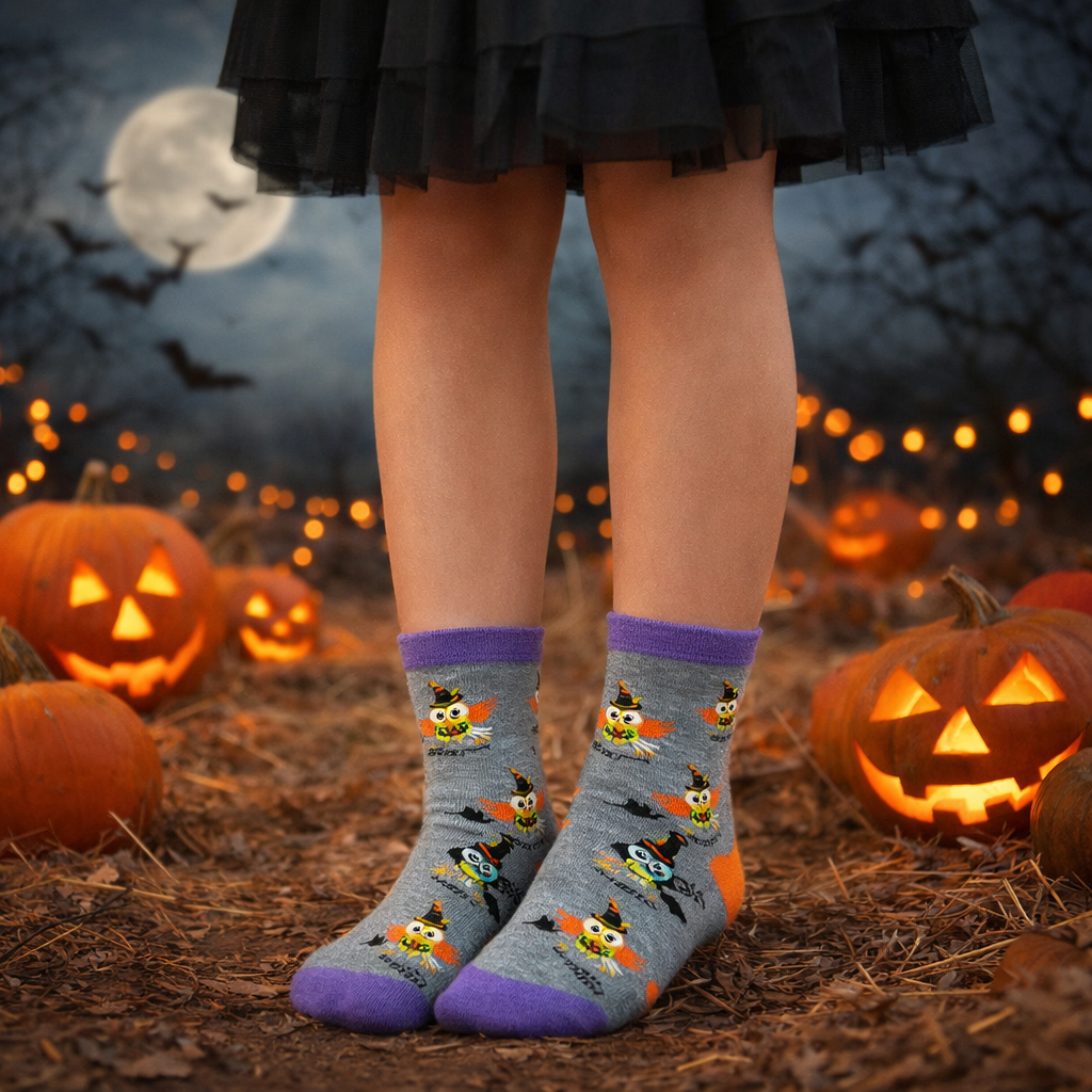 Person wearing Halloween-themed socks with pumpkins and ghosts in a festive setting with jack-o'-lanterns and a full moon.