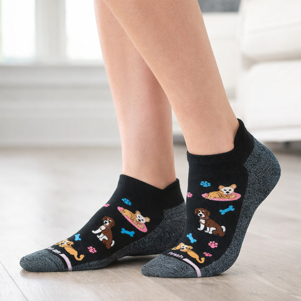 Black socks with dog illustrations worn by a person indoors.