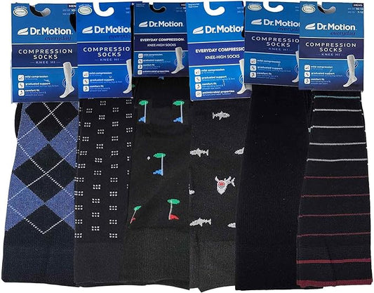 Knee-High Compression Socks | Everyday Assorted Design | Dr Motion Men's (6 Pairs)