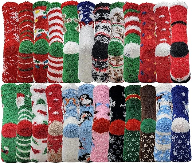 Bulk Lot Non-Skid Slipper Socks | Christmas Cozy Fuzzy Home Socks | Women (24 Pairs)