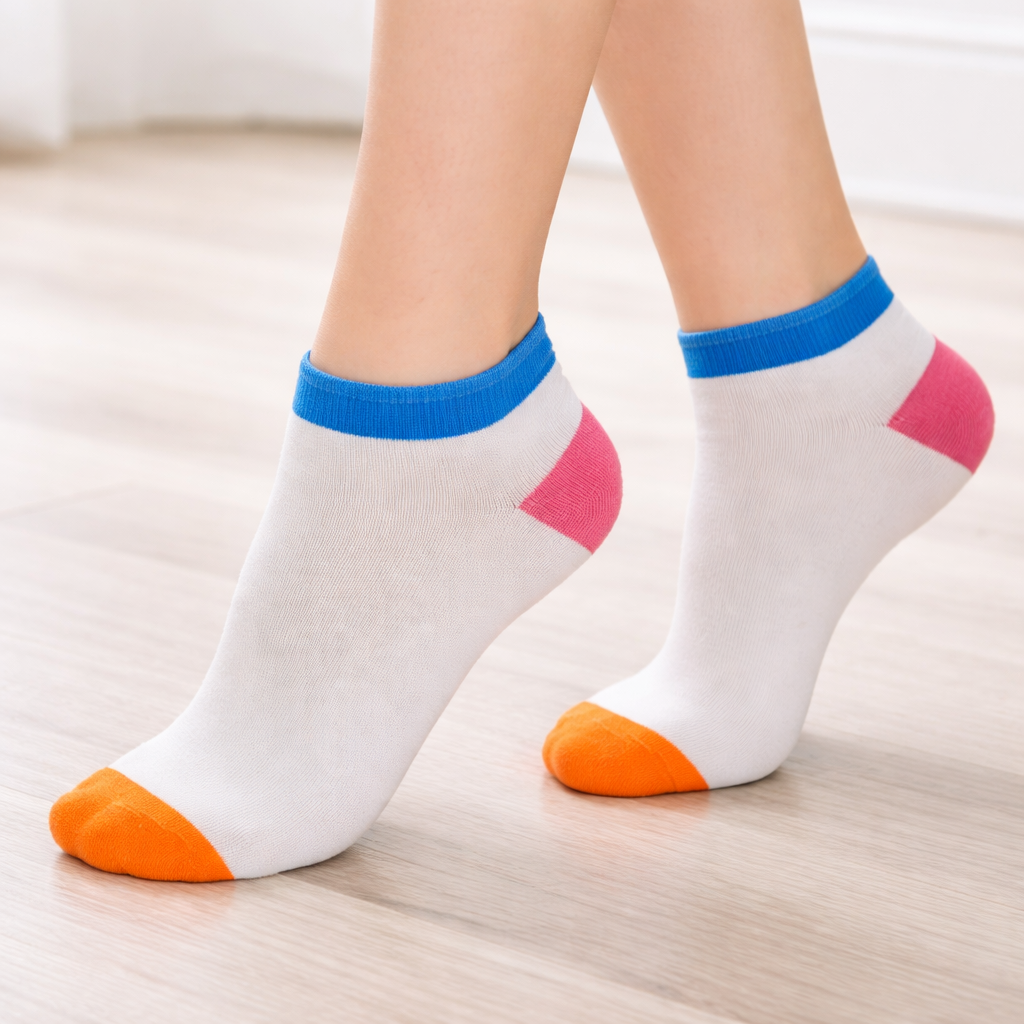 White Ankle socks with colorful accents on a light wooden floor