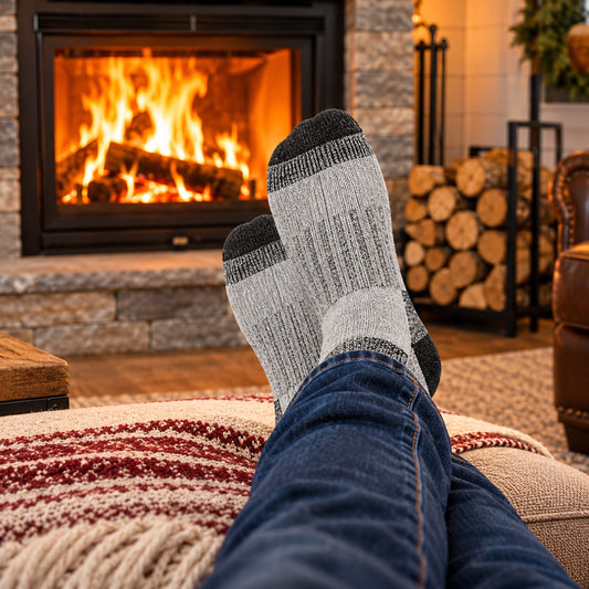 Person relaxing by a fireplace wearing warm gray thermal socks