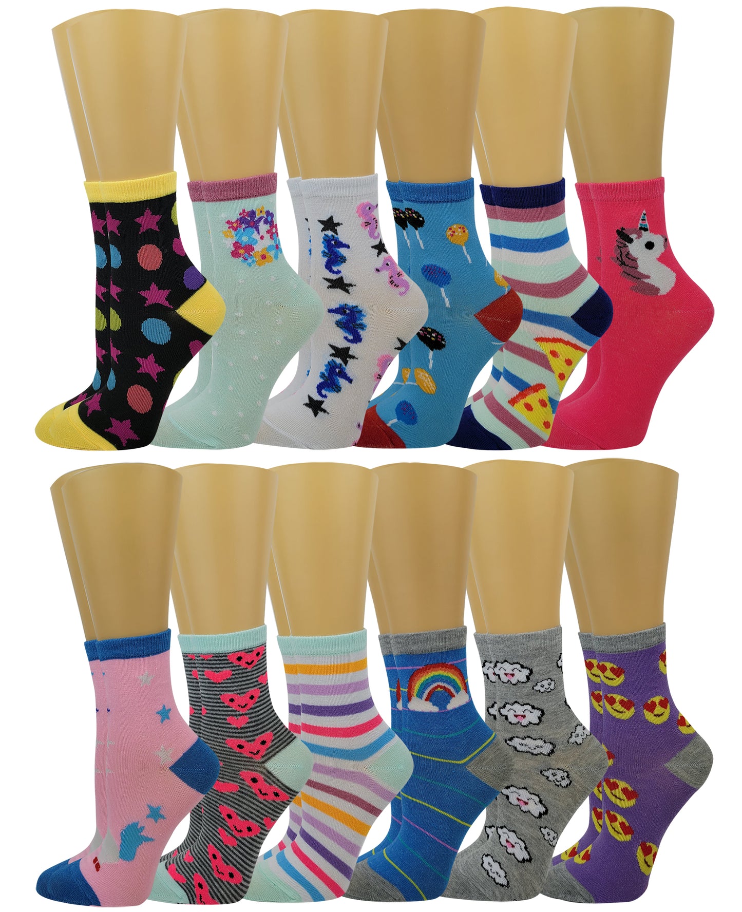 Girls Crew Socks | Assorted Fun Novelty Design | Kids (12 Pairs)