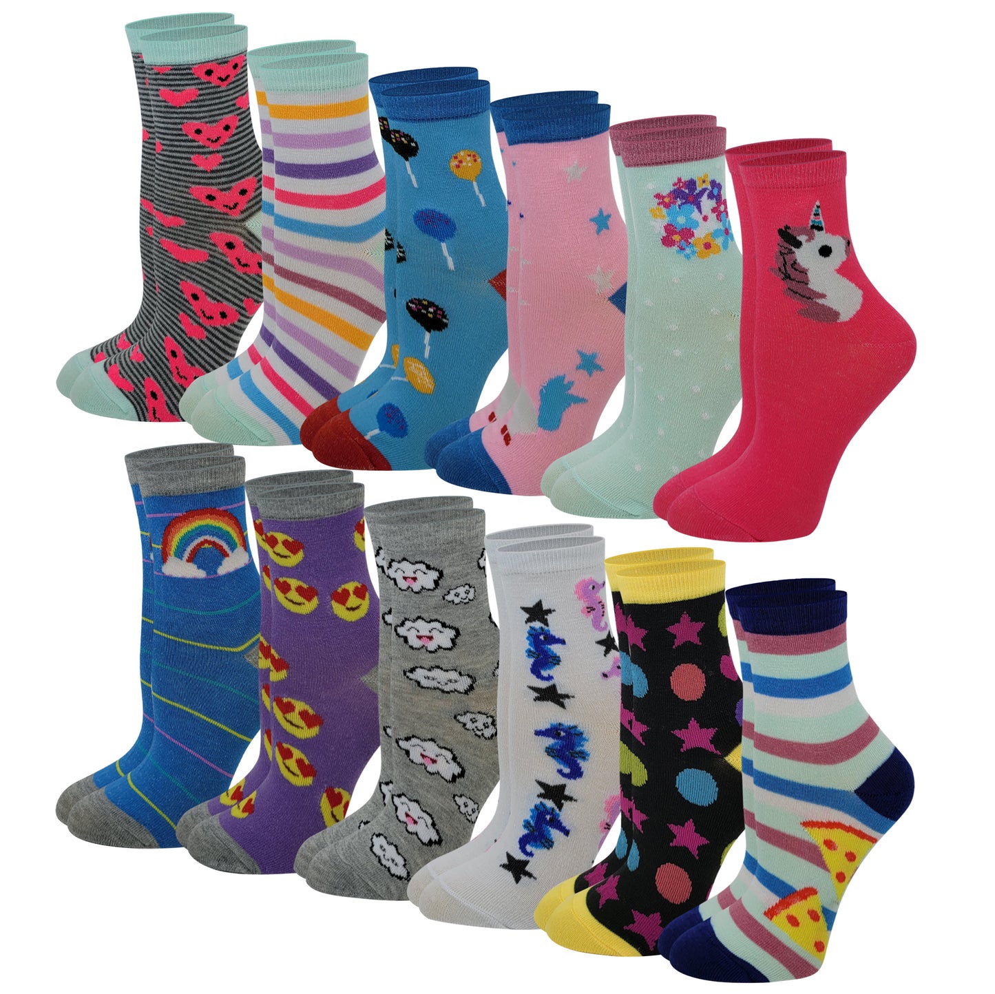 Girls Crew Socks | Assorted Fun Novelty Design | Kids (12 Pairs)