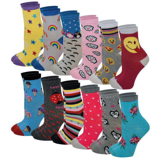 Twelve-pair pack of girls fancy design socks