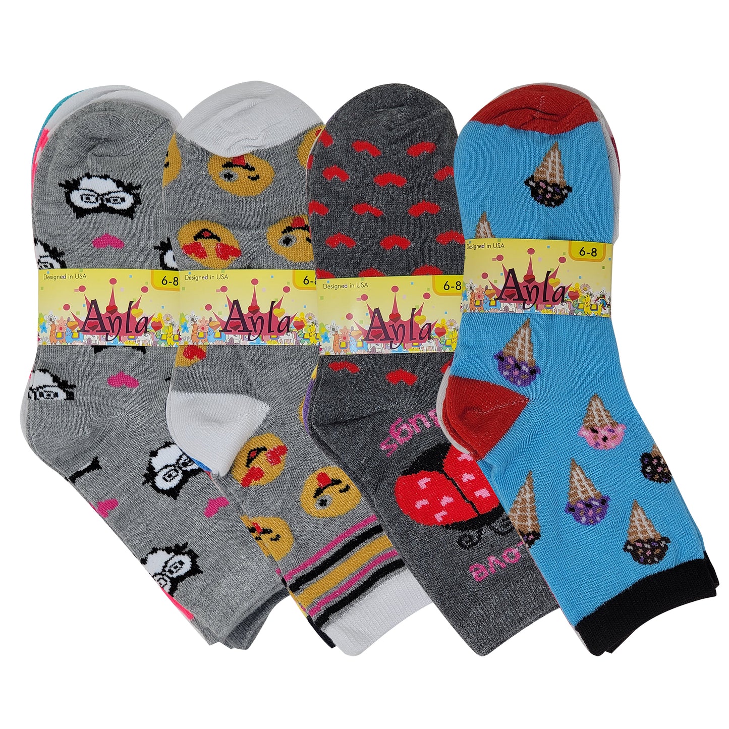 Girls Crew Socks | Fancy Design | Kids (12 Pairs)