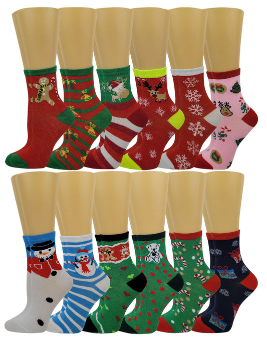 Kids Crew Socks | Christmas Novelty Design | Girls (12 Pairs)