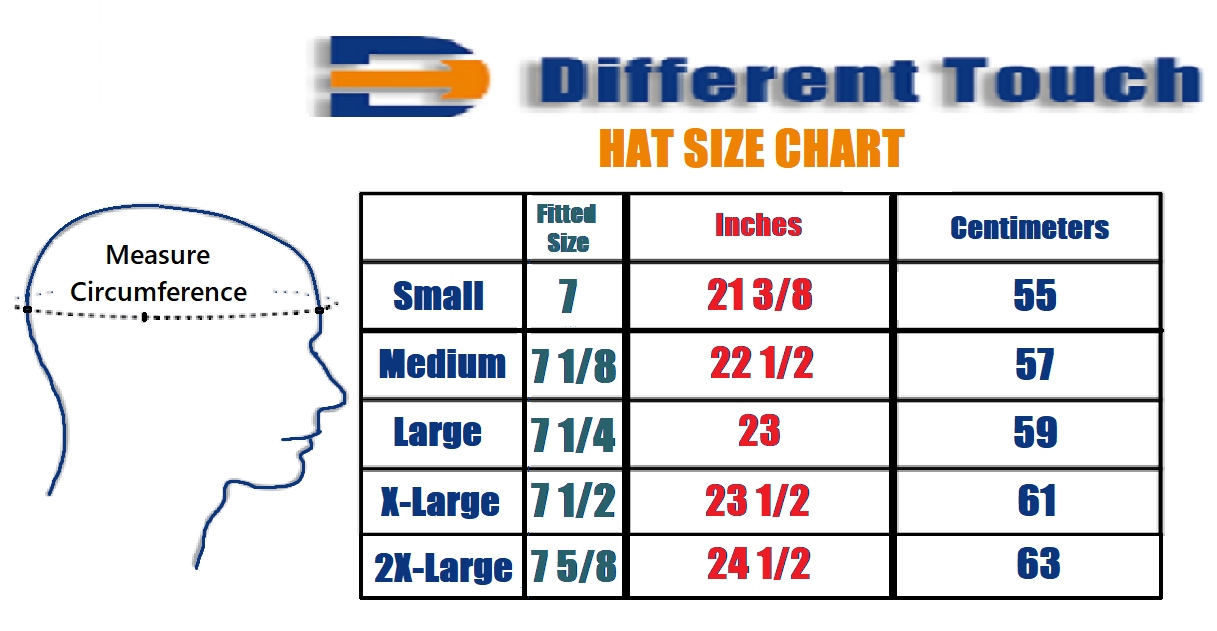Hat size chart for 'Different Touch' with a head measurement illustration.