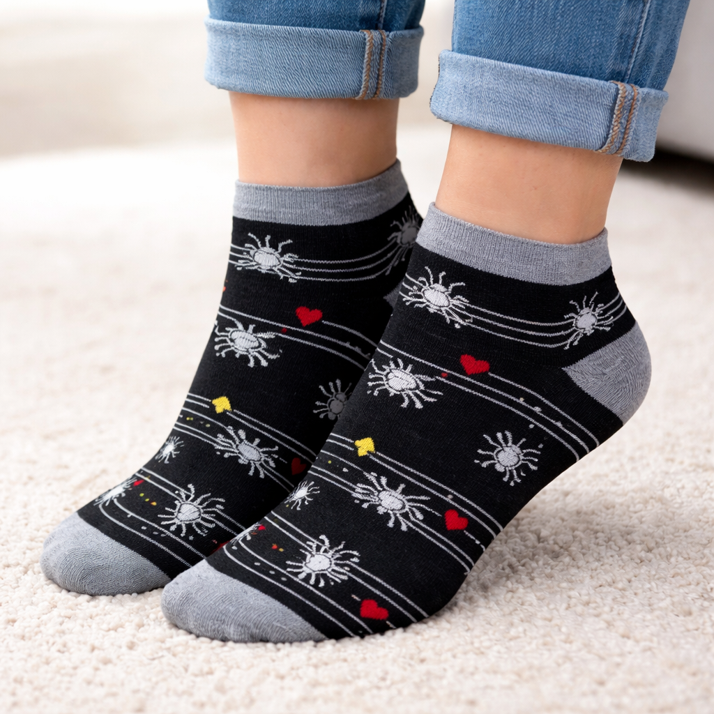 Black Halloween Ankle socks with white star and red heart patterns worn by a person on a light carpet.