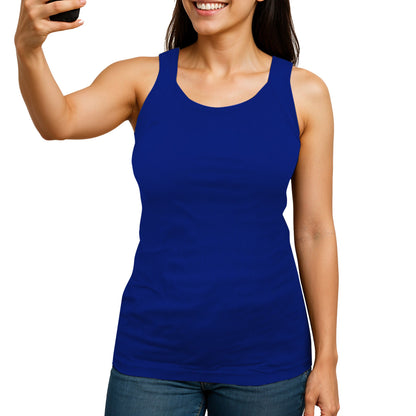 Woman wearing a Navy blue tank top on a white background