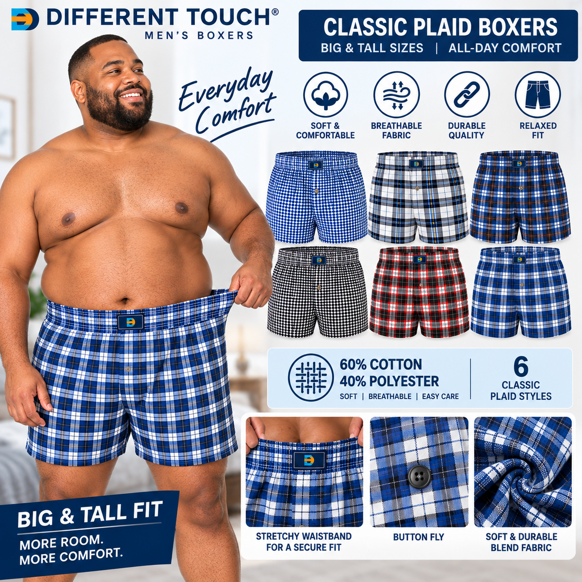 Woven Boxer Shorts Underwear | Big and Tall USA Classic Plaid Design | Men's (6 Pack)