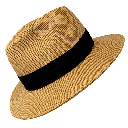 Beige straw fedora hat with a black band on a white background