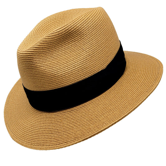Beige straw hat with a black band on a white background