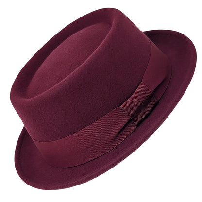 burgundy fedora hat with a ribbon on a white background