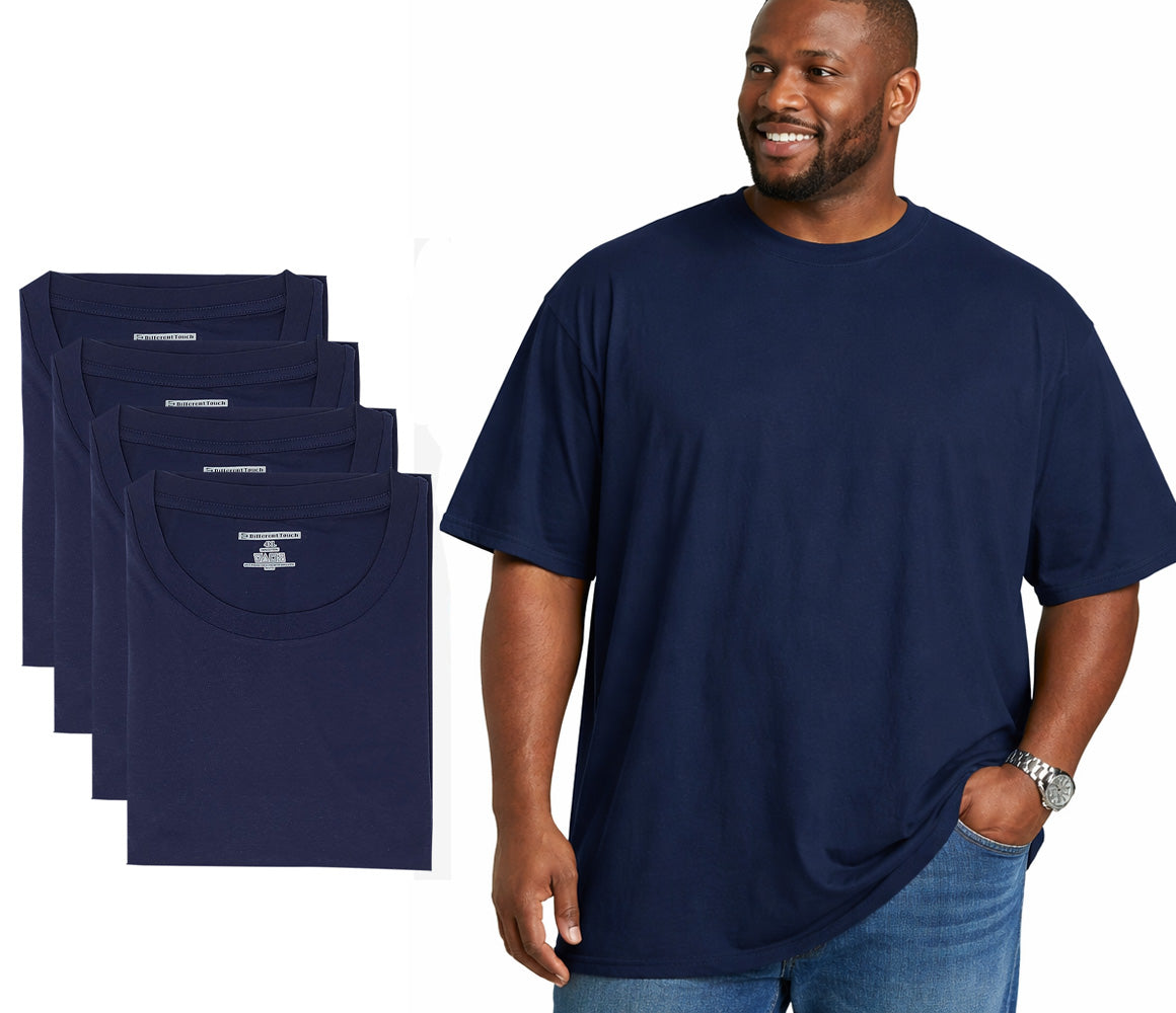Big and Tall Man wearing a navy blue t-shirt with four additional navy blue t-shirts displayed on the left.