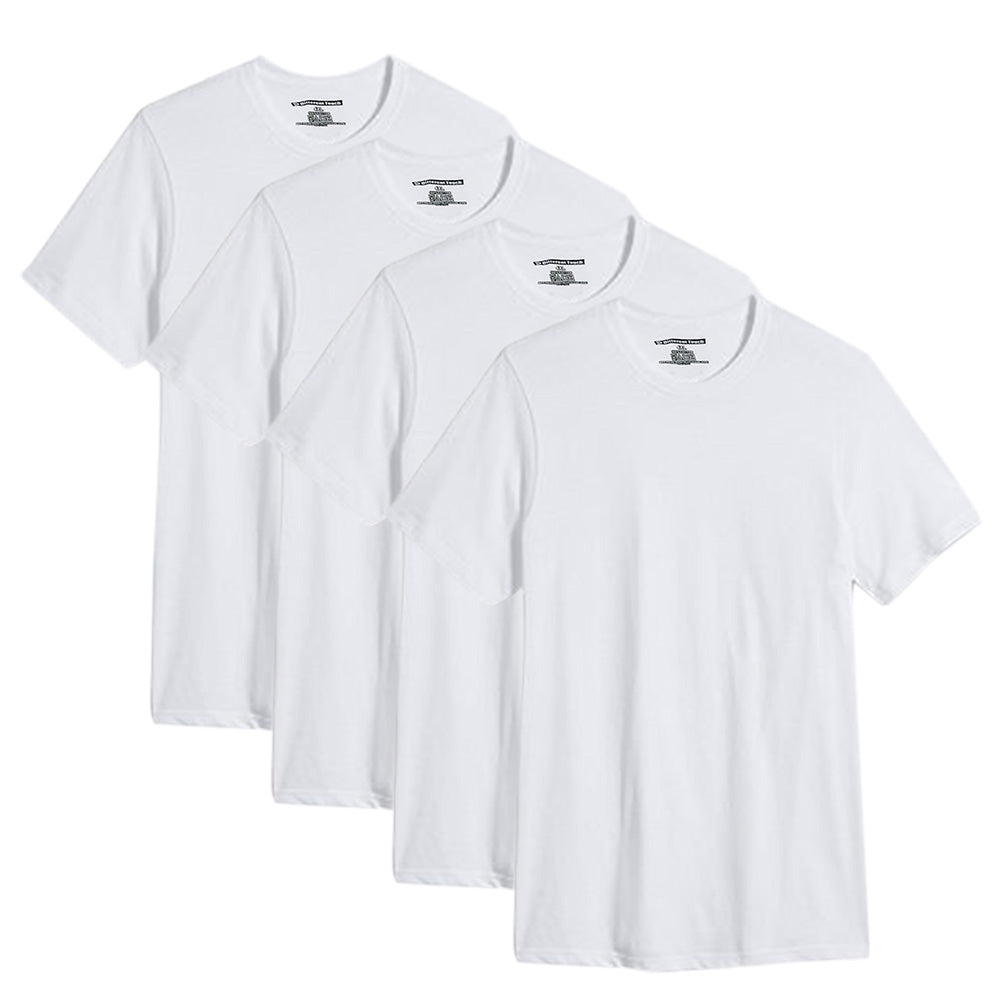 Four white t-shirts stacked on a white background