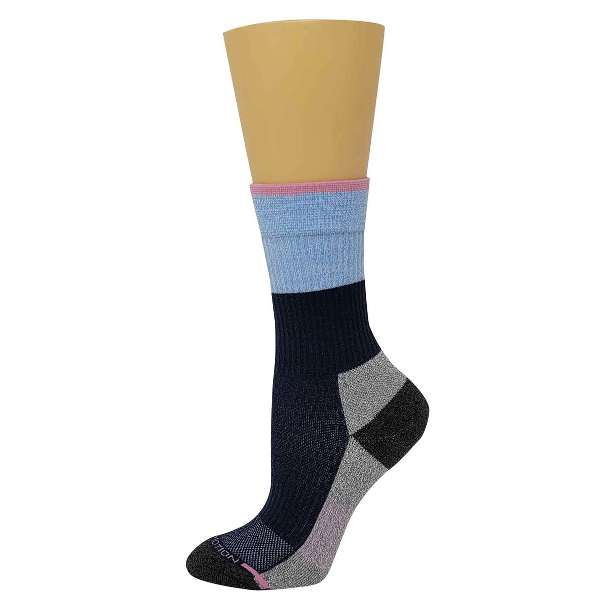 Multicolored crew compression sock with a gradient design on a white background