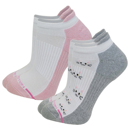 A pair of ankle compression socks in pink and gray colors with a cat pattern on the side.