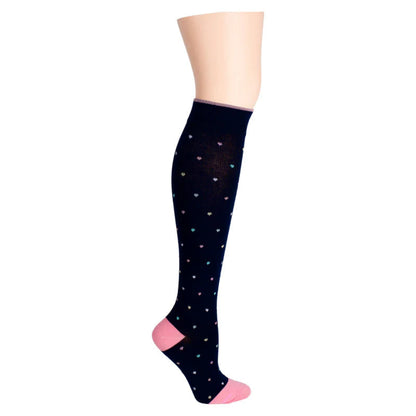 Knee high black compression socks with a dot pattern and pink toe caps.