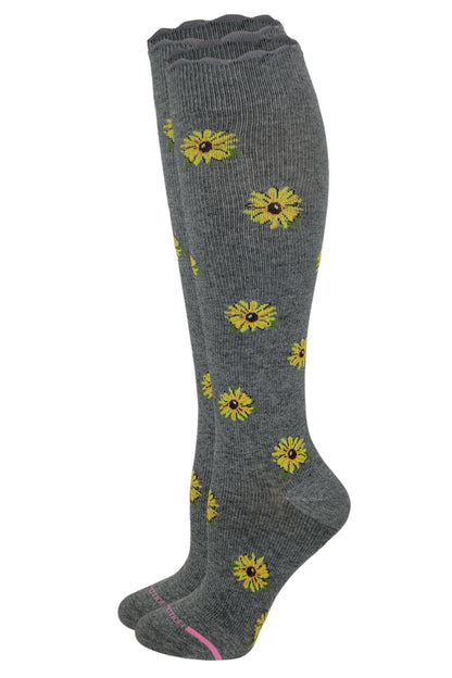 Sunflower pattern knee high compression socks for women with mild graduated compression