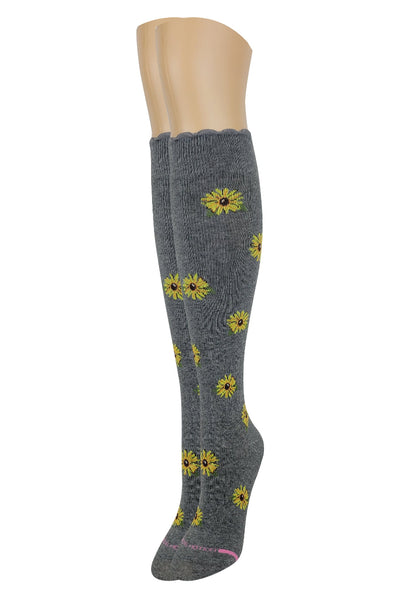 Dr. Motion sunflower compression socks showing reinforced toe and comfortable knee high fit