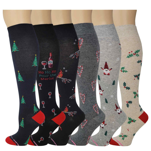 Knee High Compression Socks | Dr. Motion Novelty Christmas Print | Women (6 Pairs)