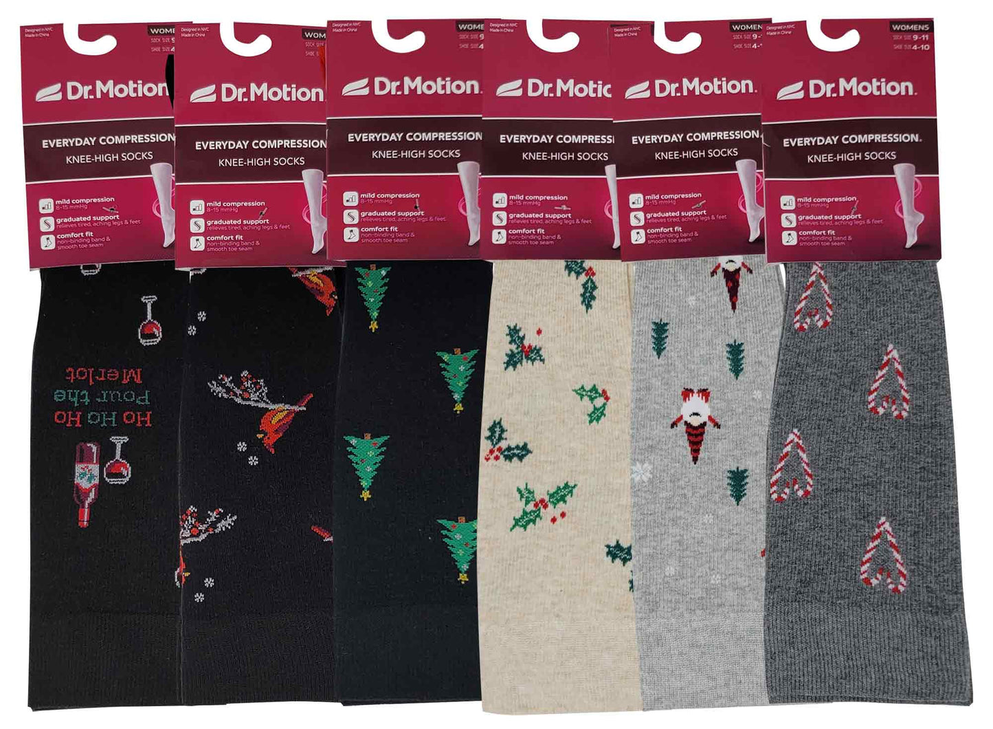 Knee High Compression Socks | Dr. Motion Novelty Christmas Print | Women (6 Pairs)