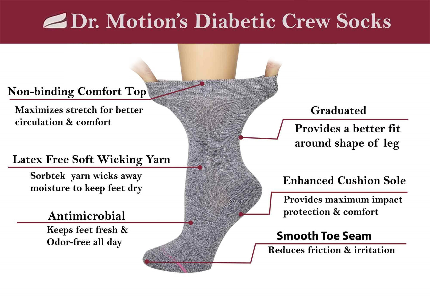 Crew Diabetic Socks | Thin Stripe Half-Cushion | Dr Motion ( 2 Pack )