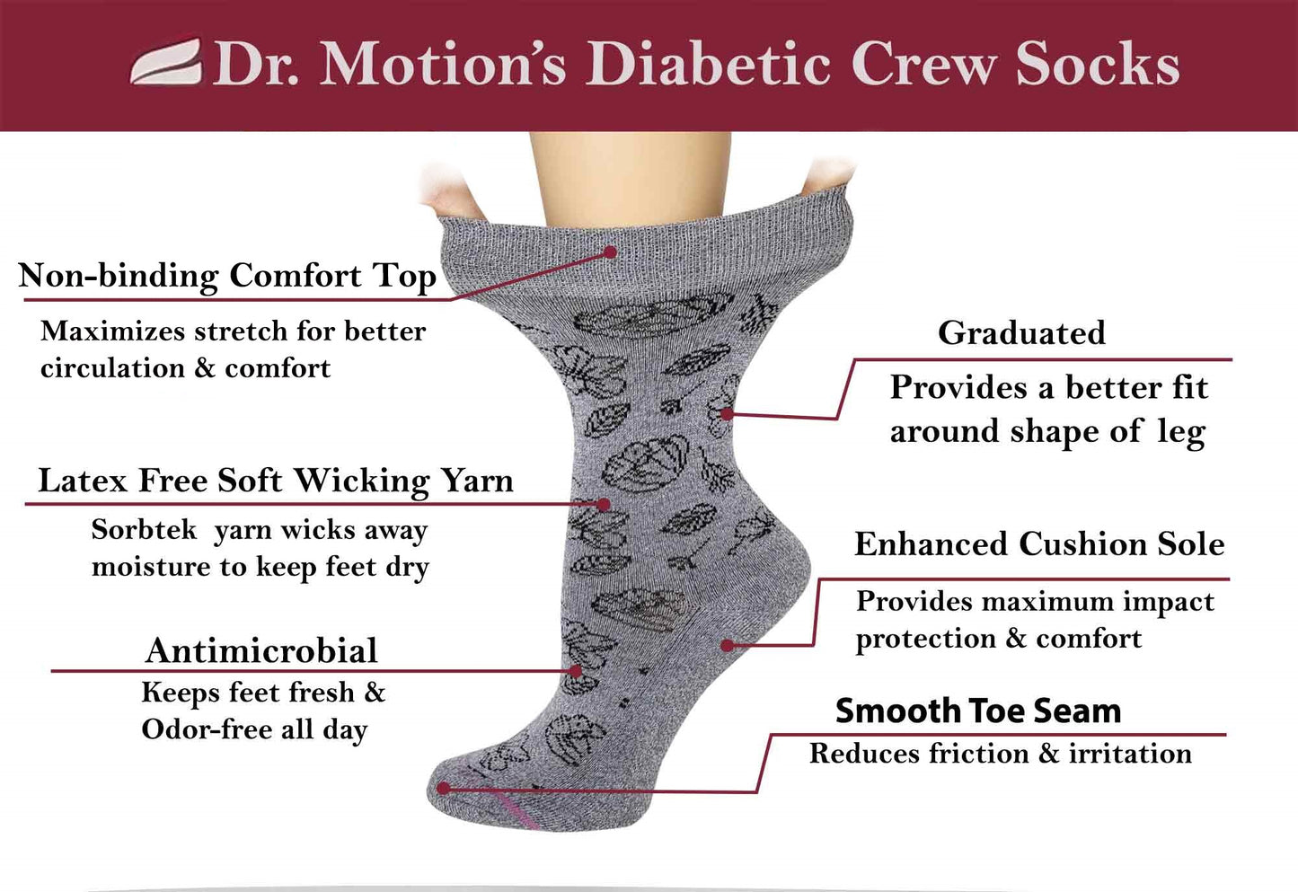 Crew Diabetic Socks | Floral Outline Half-Cushion | Dr Motion ( 2 Pack )