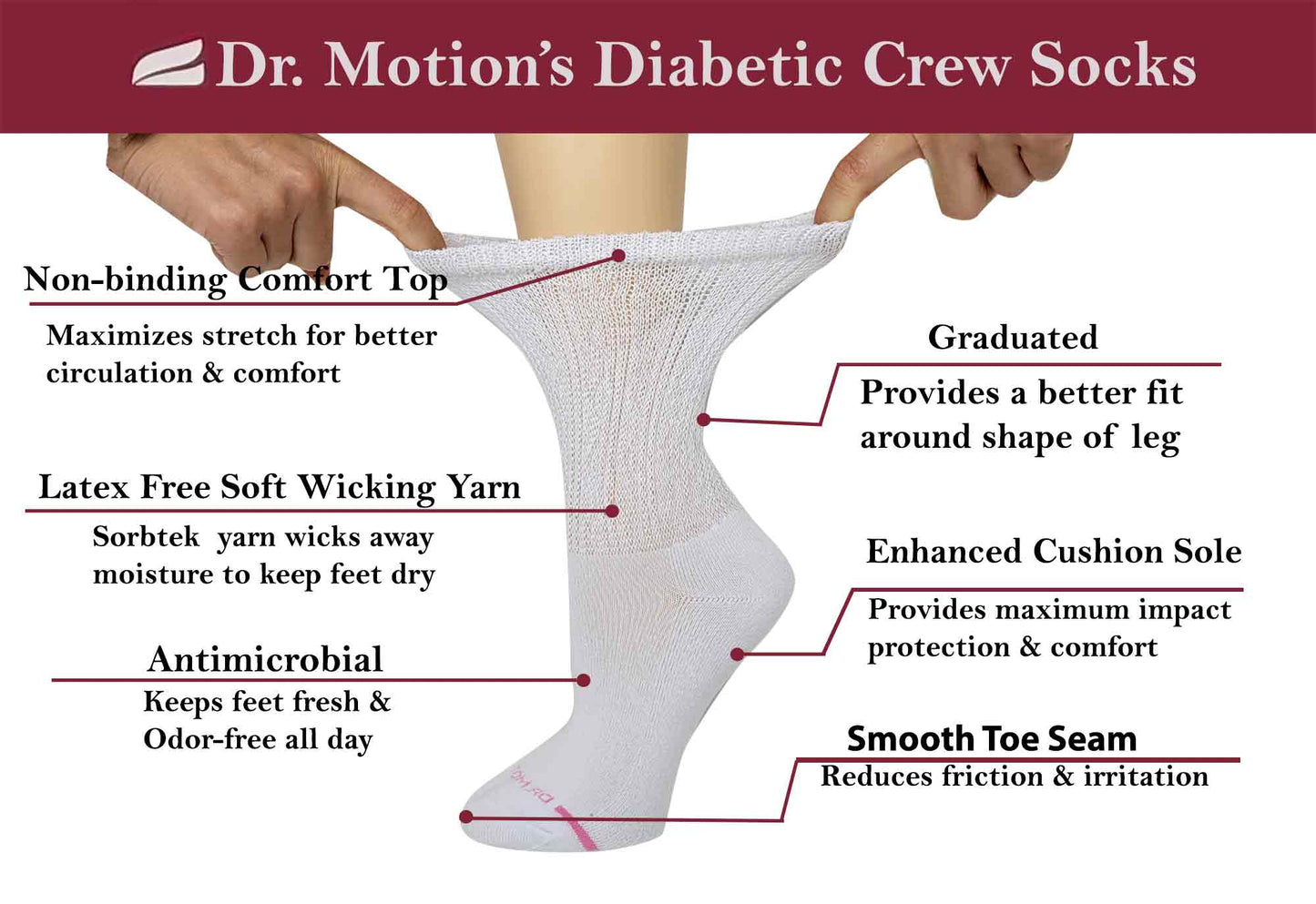 Crew Diabetic Socks | Solid Colors Half-Cushion | Dr Motion ( 6 Pack )