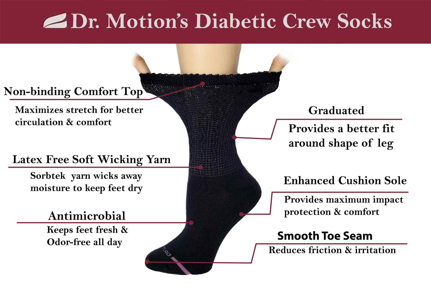 Crew Diabetic Socks | Solid Colors Super Cozy Half-Cushion | Dr Motion ( 2 Pack )