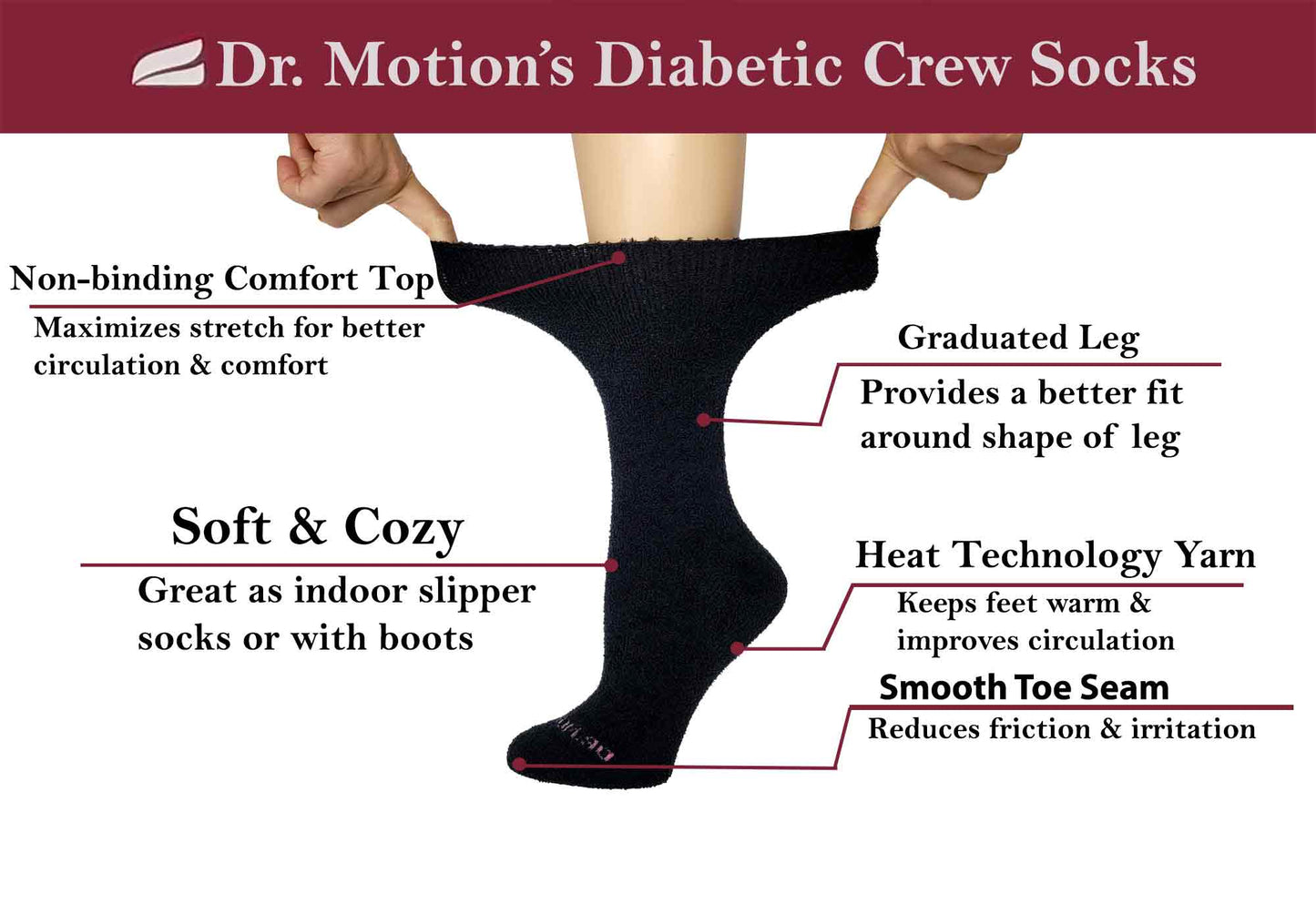 Crew Cozy Diabetic Socks | Black White Colors | Dr Motion ( 6 Pack )