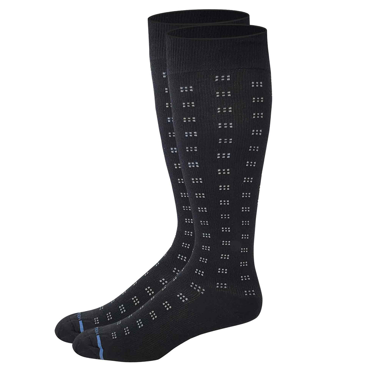 Black Dr. Motion Compression knee-high socks with a subtle pattern on a white background