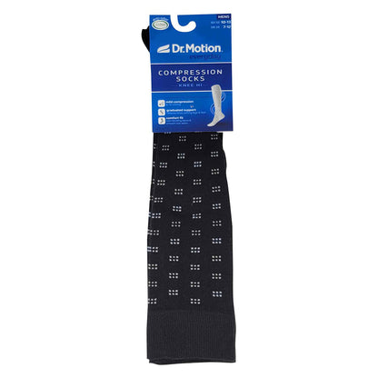 Black compression socks with Dr. Motion packaging on a white background
