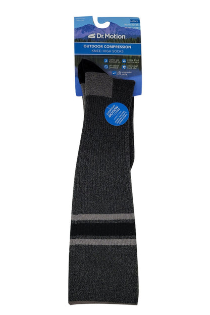 Black sock with gray stripes on a white background, featuring Dr. Motion packaging.