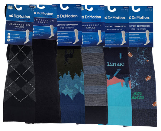 Knee-High Compression Socks | Everyday Assorted Design | Dr Motion Men's (6 Pairs)