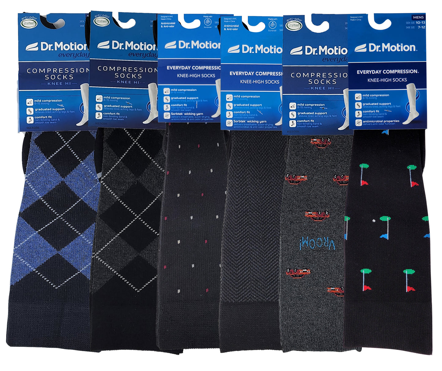 Knee-High Compression Socks | Assorted | Dr Motion Men's (6 Pairs)