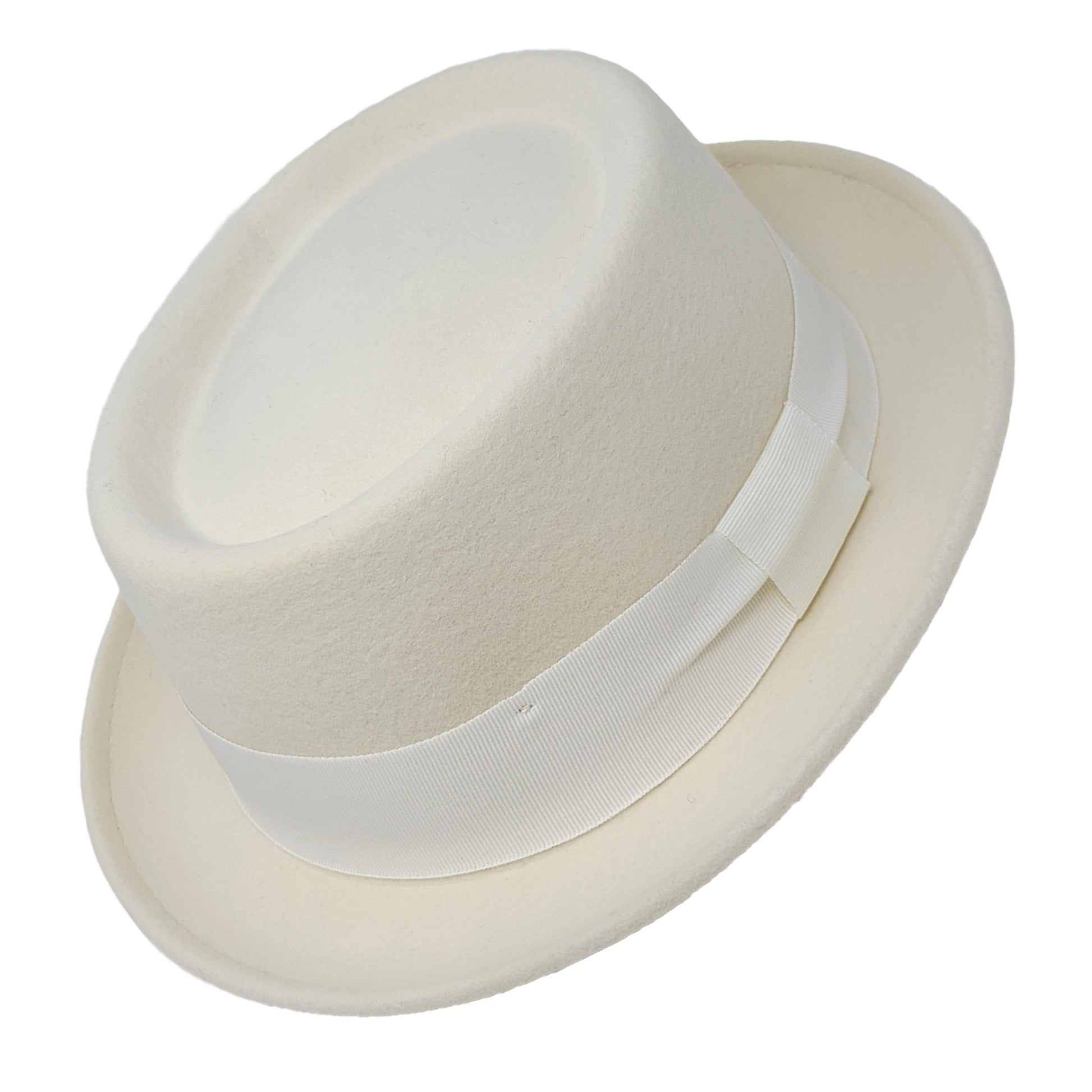 White fedora hat with a white band on a white background