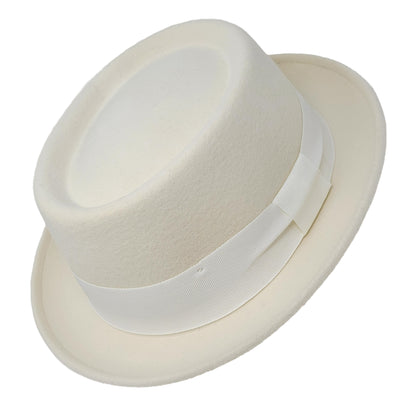 White fedora hat with a white band on a white background