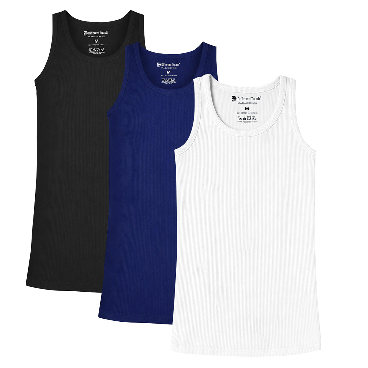 Three tank tops in black, blue, and white on a white background
