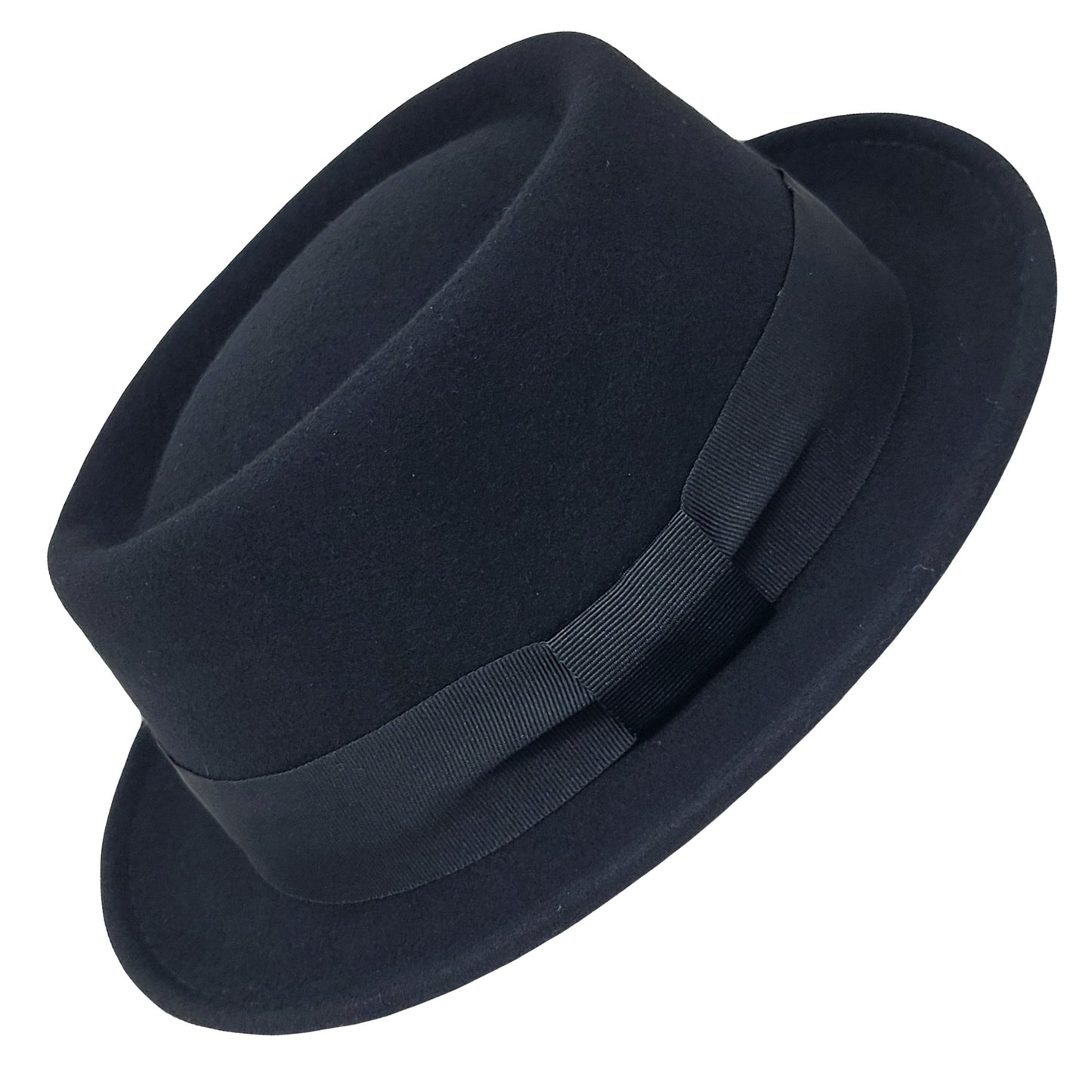 Black fedora hat with a wide brim on a white background